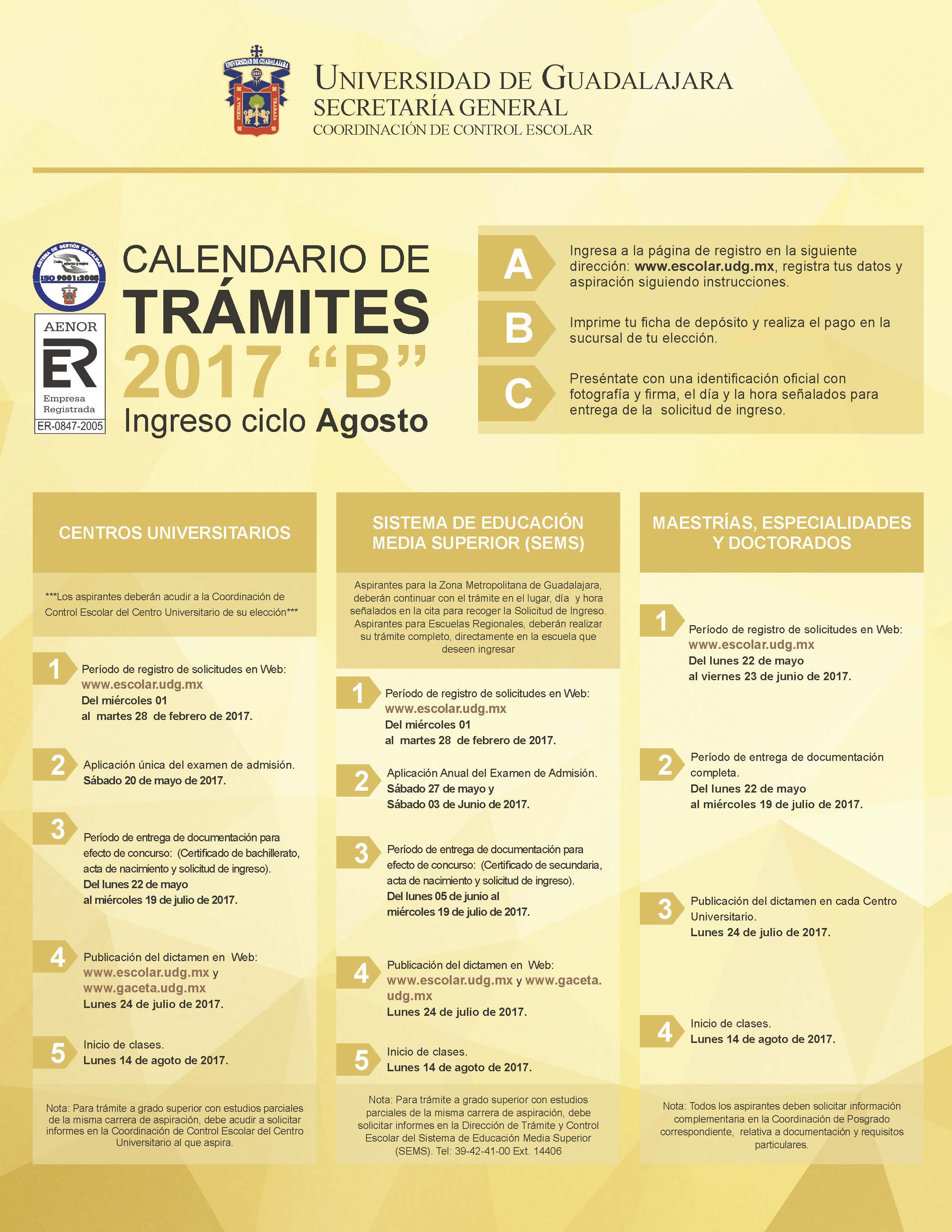 Calendario Trámites 2017 B | Coordinación General De Control Escolar